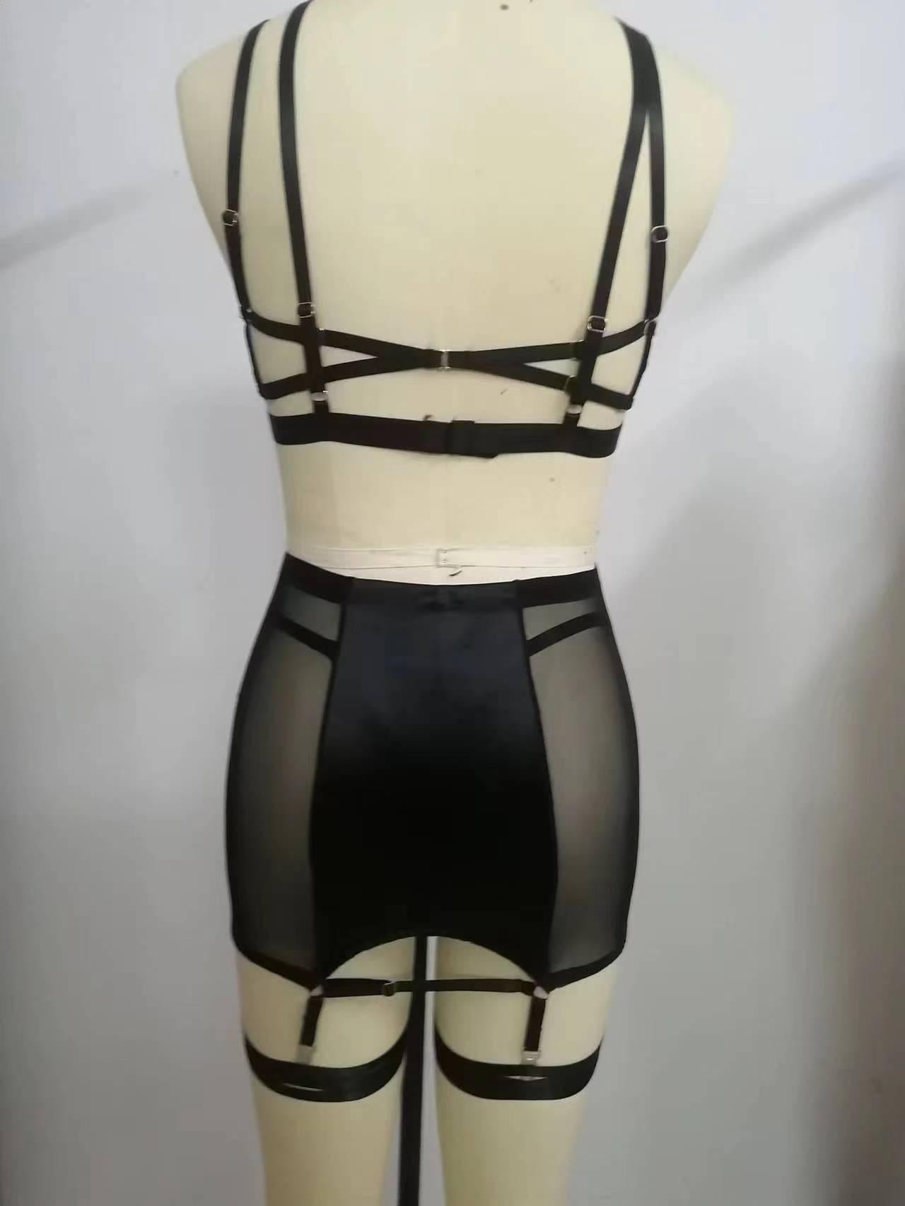 Women's Strappy Harness Hollow Out 2 Piece Cut Out Underwear Bra and Panty Lingerie Sets