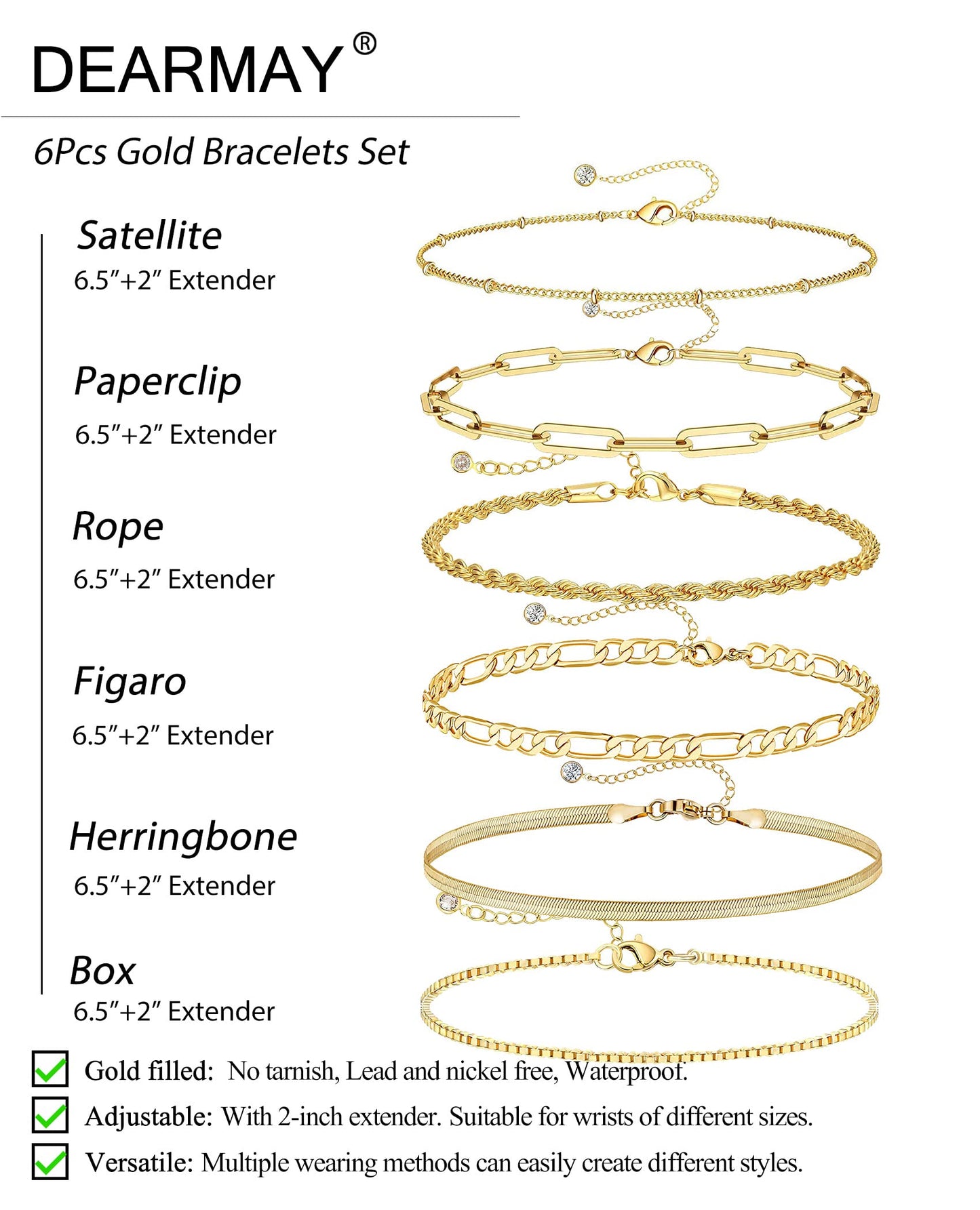 Bracelets en or pour femmes, étanches, parures de bijoux en or véritable 14 carats, tendance, fins et délicats, empilables, avec chaîne cubaine et trombone, accessoires de mode, cadeaux pour femmes