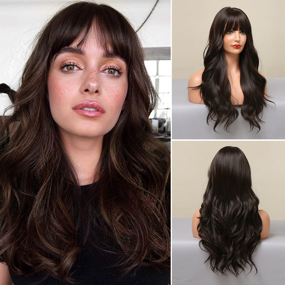 Natural Brown Long Length Synthetic Wigs with Bangs