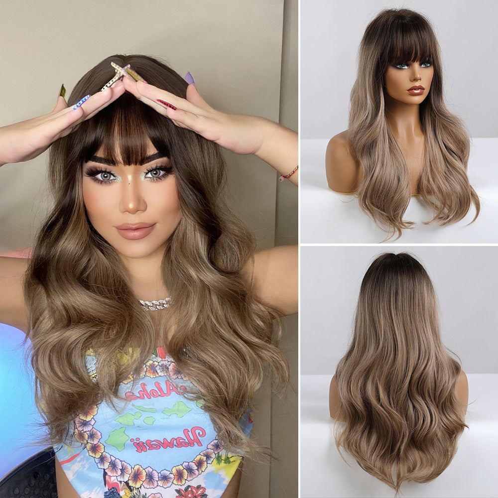 Brown Long Length Synthetic Curl Wigs with Bangs