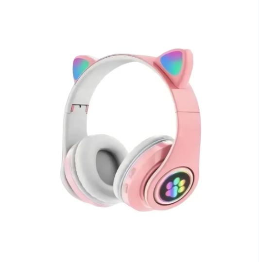Headset Altomex B-19 Fone de Ouvido Bluetooth Led Orelha Gato Cor Rosa Luz Colorido