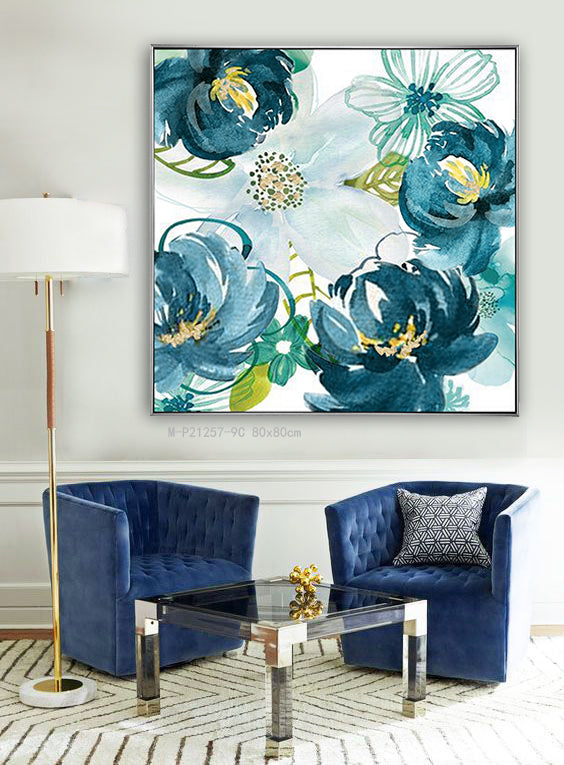 Hand Painted Abstract Floral Paintings with Silver Outer Frame 80*80 cm