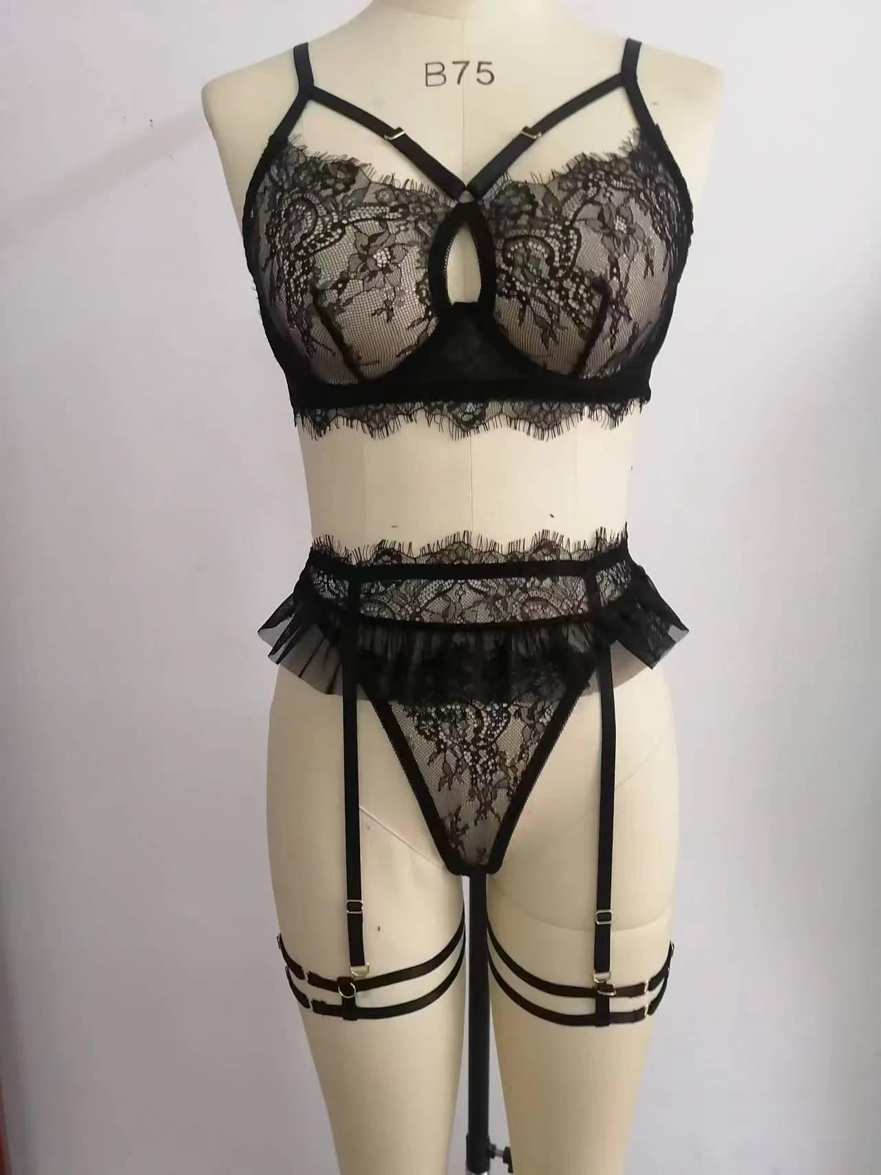 Women's Laced Lingerie Sets Two Piece Babydoll Harness Cage Cup Hollow Out Underwear