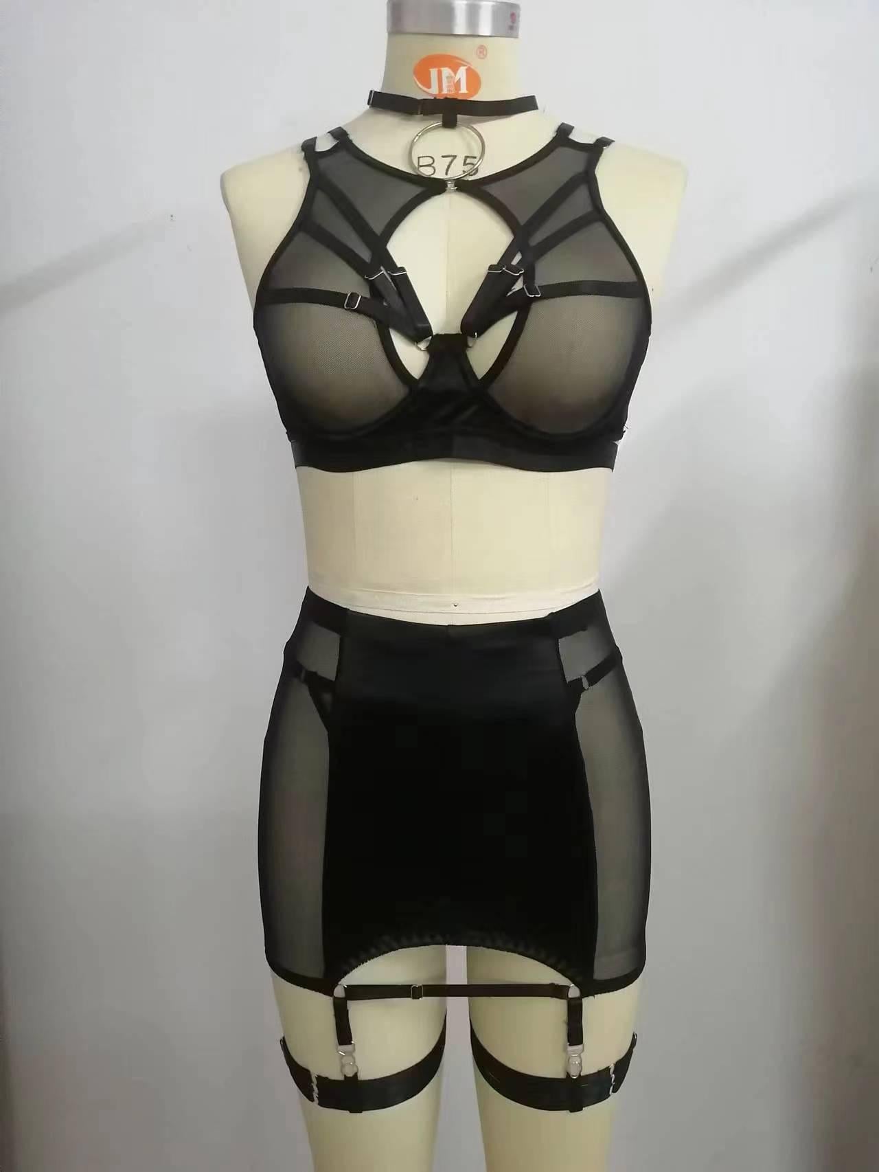 Women's Strappy Harness Hollow Out 2 Piece Cut Out Underwear Bra and Panty Lingerie Sets