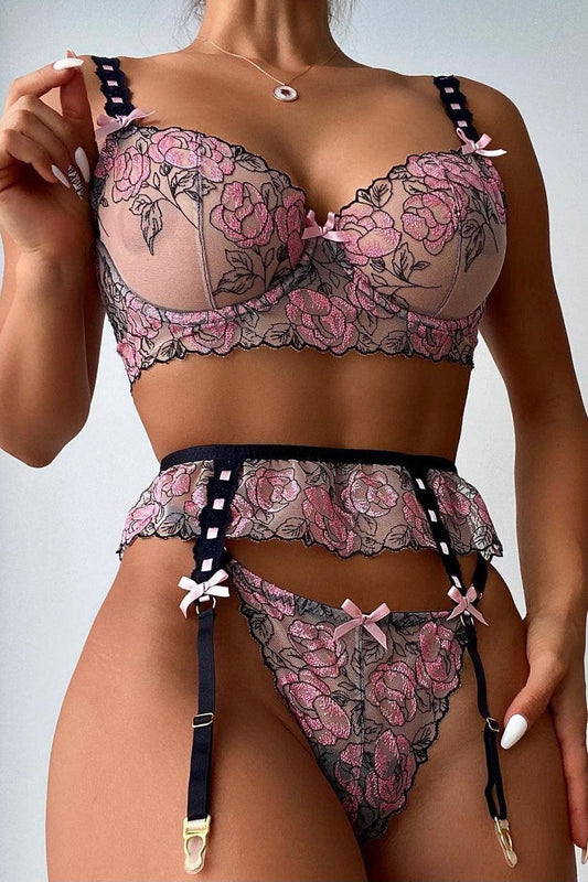 High Waist V Neck Floral Lace Lingerie Set Women's Lace 3 Piece Underwear Bra and Panty Sets