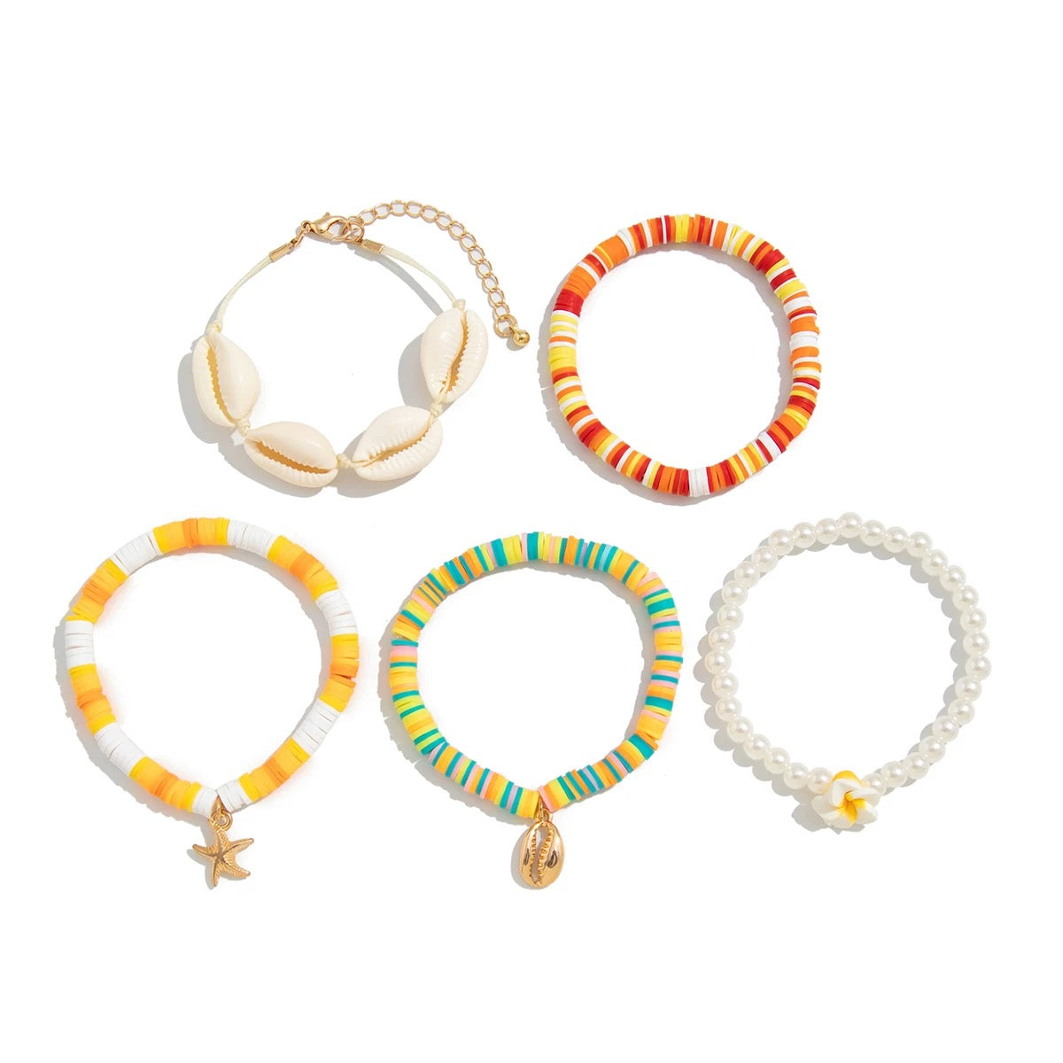 Hawaii Surfer Bead Bracelets Set Y2K Star Flower Charms Pearl Bracelets Sea Clay Colorful Beaded Stretch Bracelet for Women