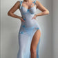 Cute Bow Split Mesh Lace Floral Sheer Babydoll Lingerie Outfit Dress 2 Piece with Thong Set