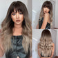 Brown Transition Grey Long Length Synthetic Wigs with Bangs